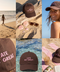 A six-panel collage showcasing a dark brown baseball cap with pink embroidered text reading 'LATE BUT GREAT' in various beach and outdoor lifestyle settings, including on a beach boardwalk, on sand with seashells, worn by a smiling woman, over clear water, and on a pink beach towel with a drink and book.