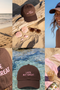 A six-panel collage showcasing a dark brown baseball cap with pink embroidered text reading 'LATE BUT GREAT' in various beach and outdoor lifestyle settings, including on a beach boardwalk, on sand with seashells, worn by a smiling woman, over clear water, and on a pink beach towel with a drink and book.