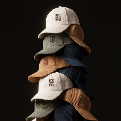 A stack of five corduroy baseball caps in cream, sage green, tan, navy, and brown, each featuring a black embroidered square logo on the front, set against a solid black background.