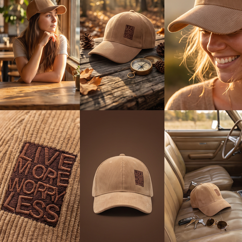 Live More. Worry Less. Corduroy Cap | Boné do Bairro
Premium corduroy cap with embroidered Live More. Worry Less. artwork. Designed for everyday adventures and simple moments.