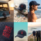 A six-panel collage showcasing a navy blue corduroy baseball cap with red embroidered text. The text reads 'LIVE MORE WORRY LESS' and 'NO STRESS'.