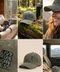 A six-panel collage showcasing an olive green baseball cap with a black embroidered patch that reads 'LIVE MORE WORRY LESS'. The panels show the cap worn by a smiling woman in a forest, resting on a mossy log with a thermos, on a couch, in a car, and as a close-up of the embroidered patch.