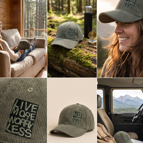 A six-panel collage showcasing an olive green baseball cap with a black embroidered patch that reads 'LIVE MORE WORRY LESS'. The panels show the cap worn by a smiling woman in a forest, resting on a mossy log with a thermos, on a couch, in a car, and as a close-up of the embroidered patch.