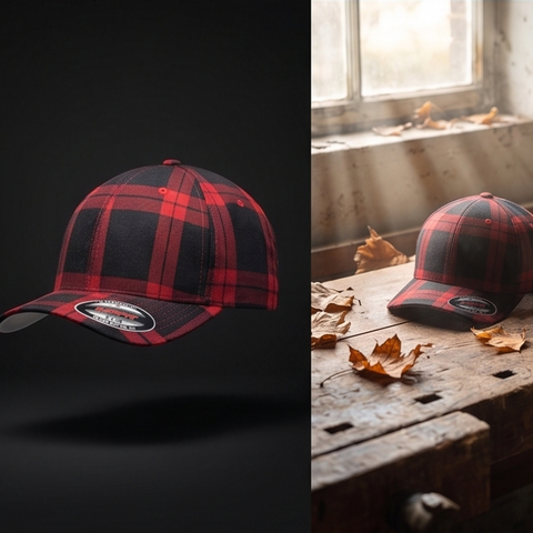 A red and black plaid baseball cap shown in a split composition: on the left, isolated against a dark studio background; on the right, resting on a rustic wooden table near a window with dry leaves around it.
