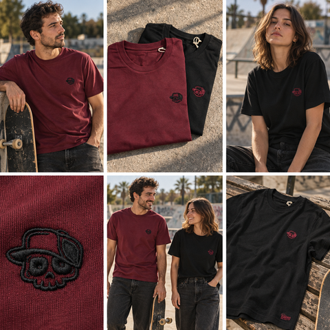 A six-panel collage showing men and women wearing and folding short-sleeve crew-neck T-shirts in burgundy and black, each with a small embroidered skull-and-hat style logo on the left chest. The collage includes outdoor skatepark and beach-like settings, folded shirts on pavement, close-up fabric detail, and models holding skateboards.